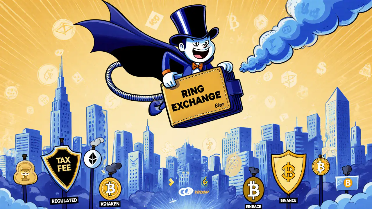 A villain riding a flying wallet over real crypto exchanges, dropping fake fees as smoke bombs.