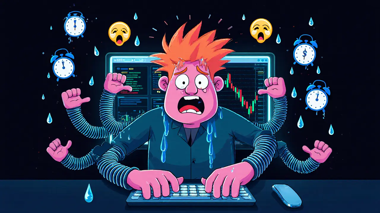 A wild-eyed trader with multiple arms frantically clicking keys surrounded by screaming charts and alarm clocks.