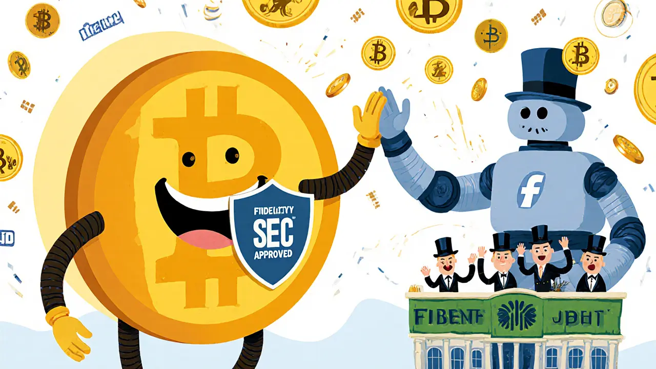 Bitcoin mascot high-fiving a Fidelity robot as pension funds cheer with tokenized buildings