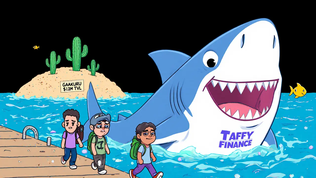 Cartoon shark with Taffy Finance logo swims in empty crypto ocean while gamers walk into nothingness, rubber hose animation.
