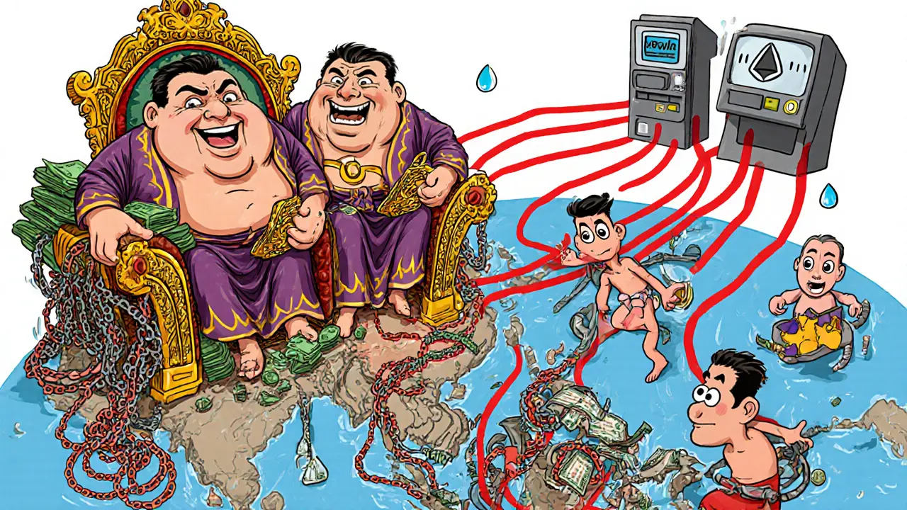 Cartoon villains Saw Chit Thu and sons on thrones of wallets, laughing as victims twist into spirals from scam phone lines.