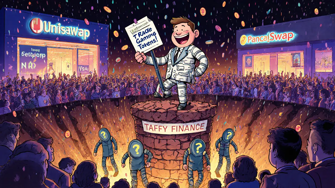 Cheerful salesman lures users into a pit labeled &#039;No Audits&#039; while rival exchanges thrive in background, rubber hose cartoon style.