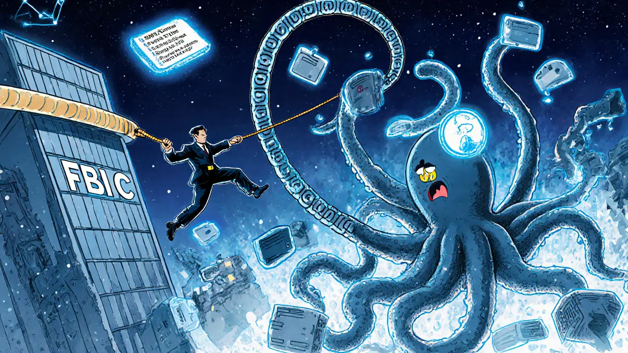 FBI agent lassos a crypto-scam octopus with blockchain ropes as sanctions freeze the network in icy blue halos.