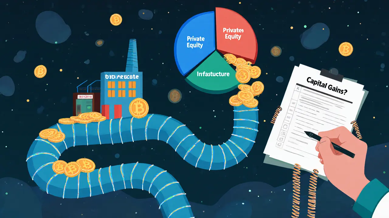 Glowing crypto tokens flowing into a pie chart of tokenized assets, with a tax advisor struggling nearby