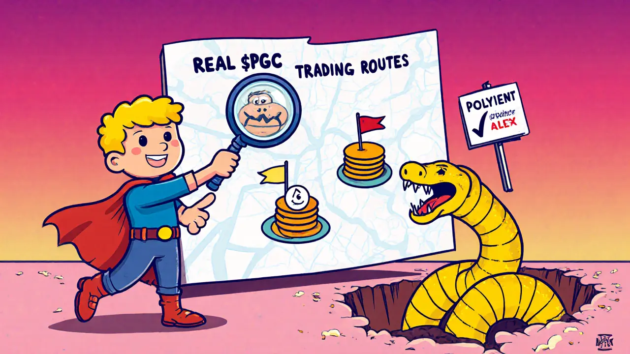 Player pointing to real DEXs on a map as a snake-like fake exchange slithers into scam alley.