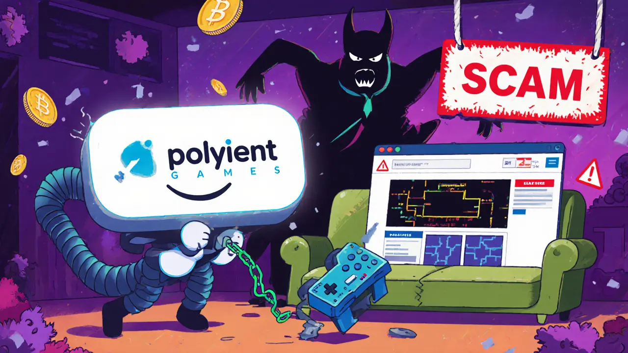 Polyient Games logo playing a game while a glitchy fake DEX sneaks up behind it in cartoon scene.