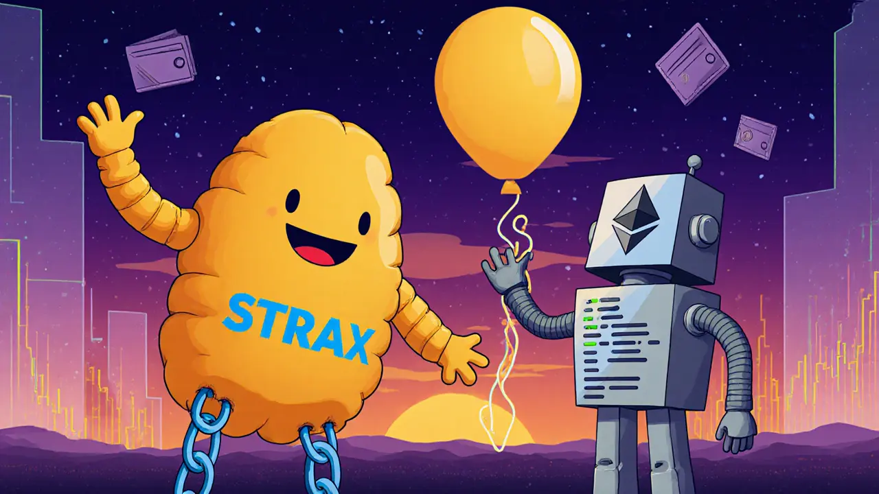 The old STRAX robot deflates as the new StratisEVM robot reaches out in a sunset scene.