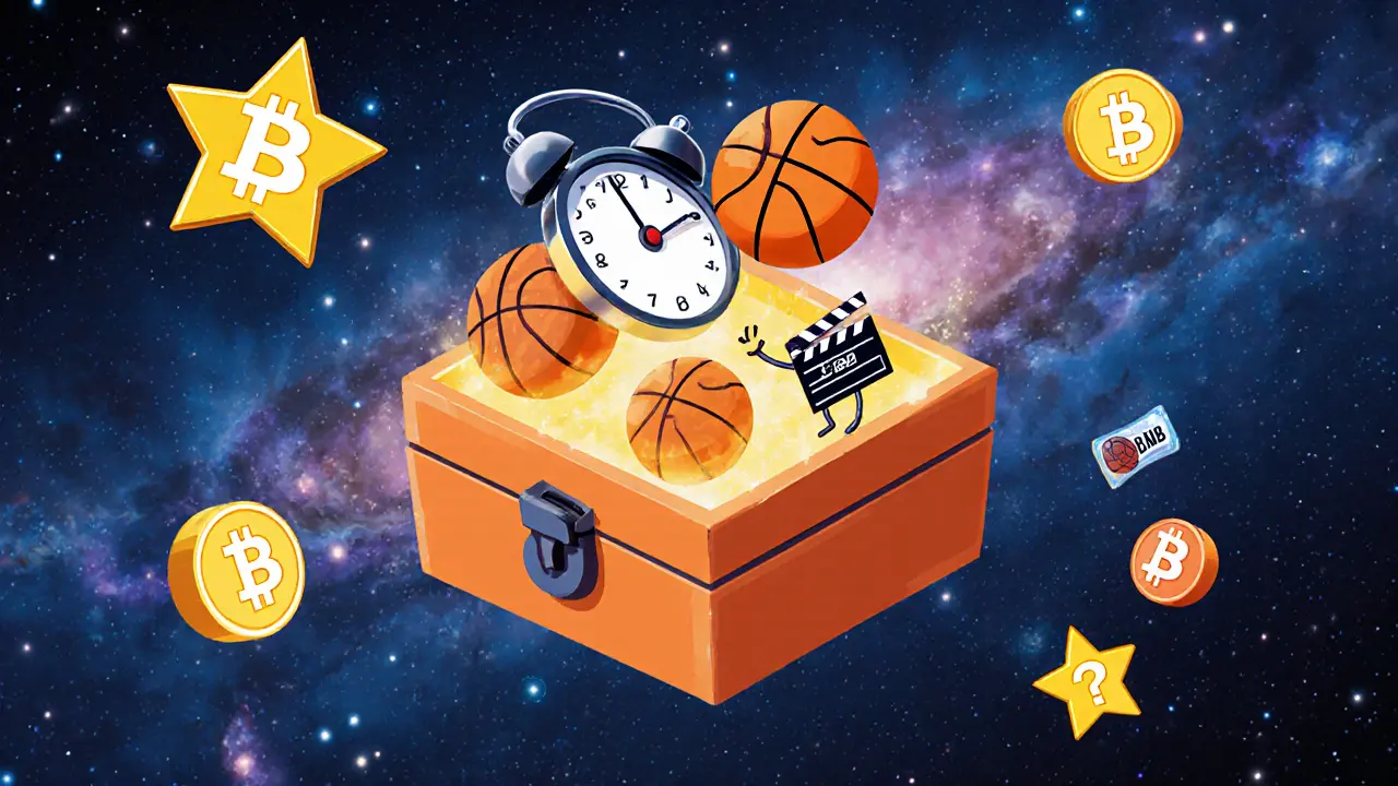 A basketball-shaped mystery box opens to release animated NFTs and a ticket, surrounded by floating crypto symbols.