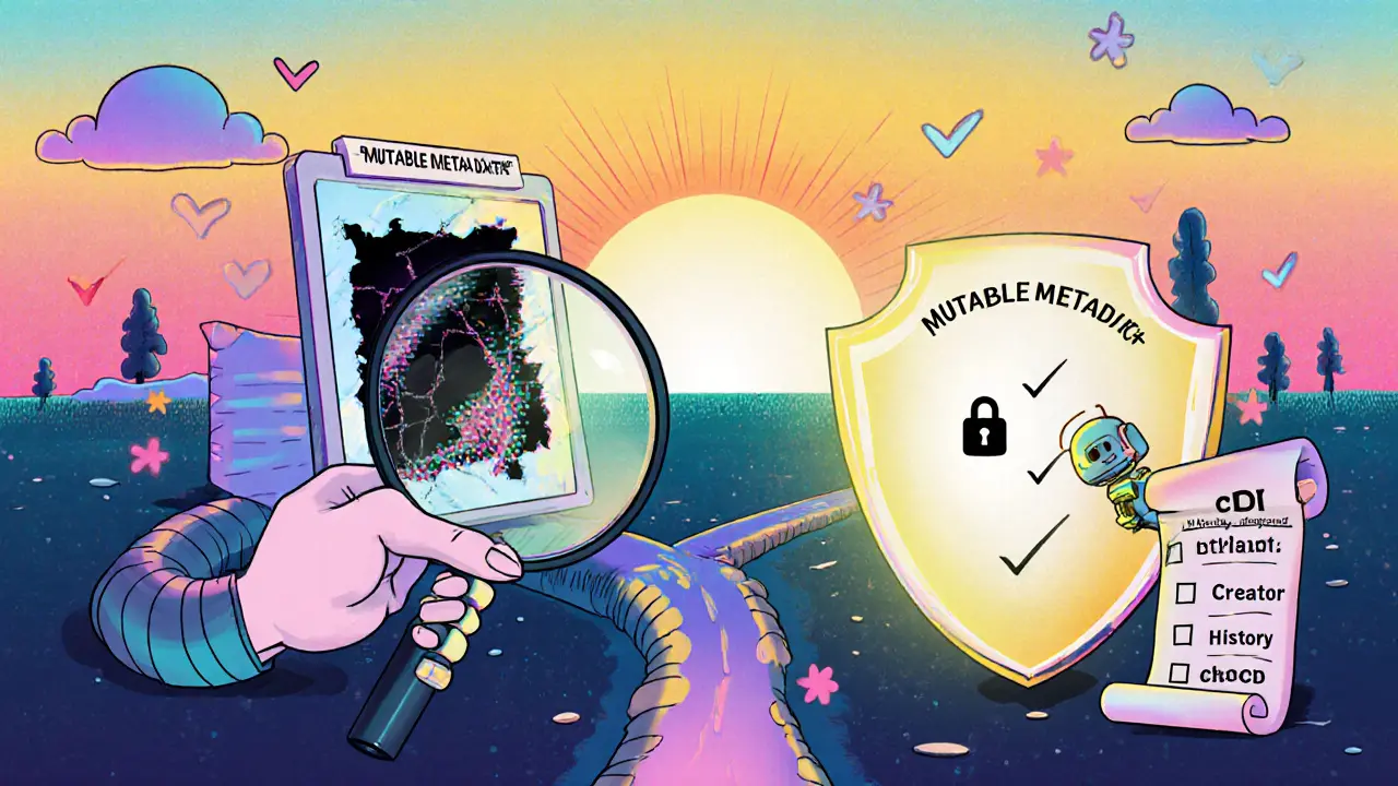 A collector verifying an NFT with two paths: one fading, one locked and verified with hash symbols.