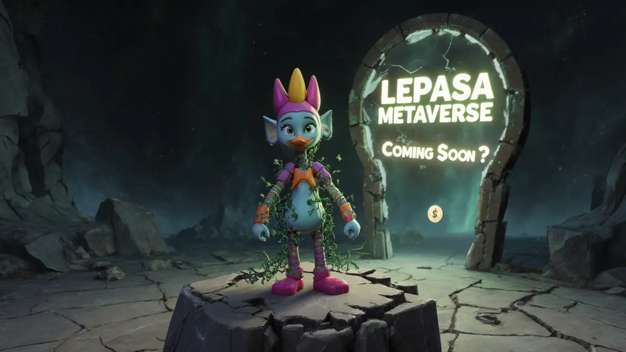 A faded Polqueen NFT standing alone on a crumbling digital pedestal as the metaverse fades into silence.