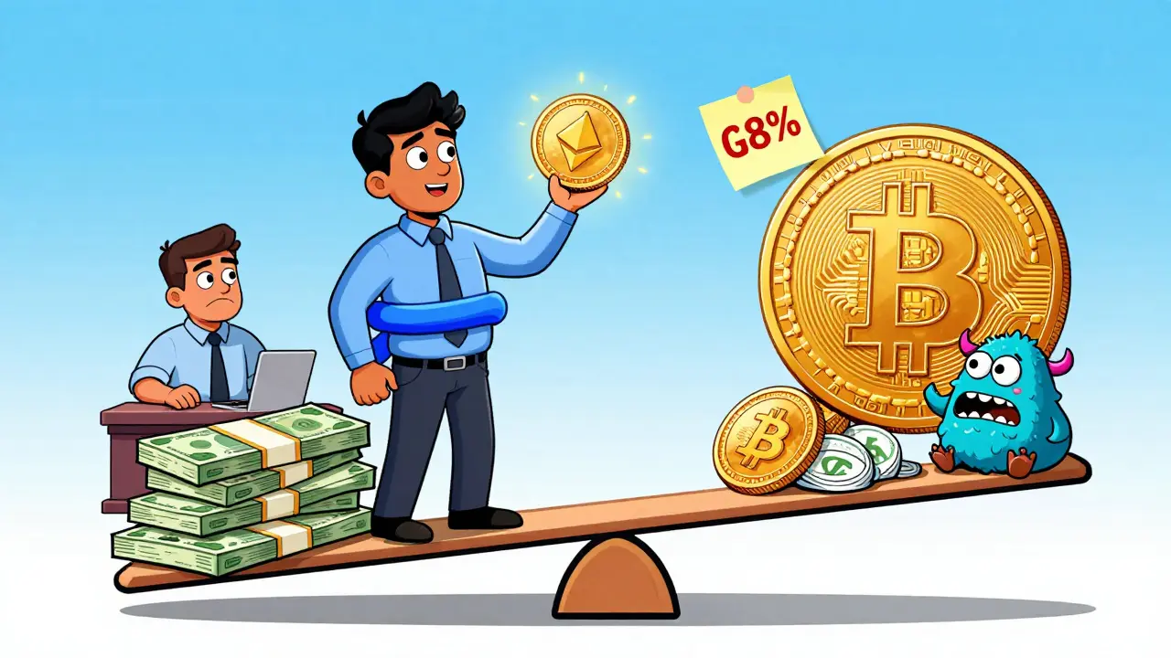 A freelancer balancing rupees against crypto coins, with a tiny tax monster trying to stick a GST stamp.