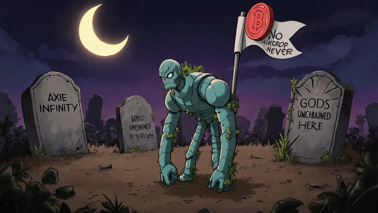 A graveyard of failed blockchain games with a lonely Hero Arena tombstone and a drooping NFT hero flag.