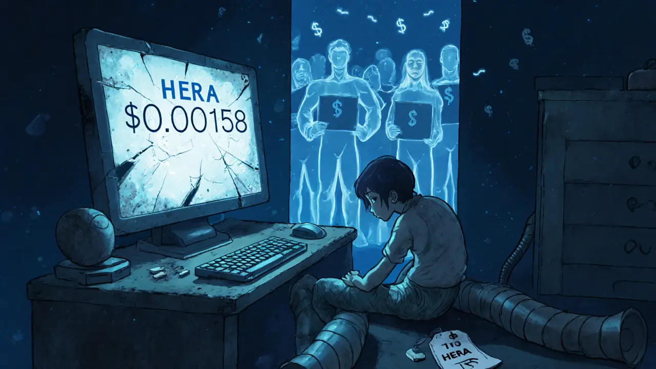 A lonely player stares at a crashing HERA token price as ghostly participants fade away behind them.