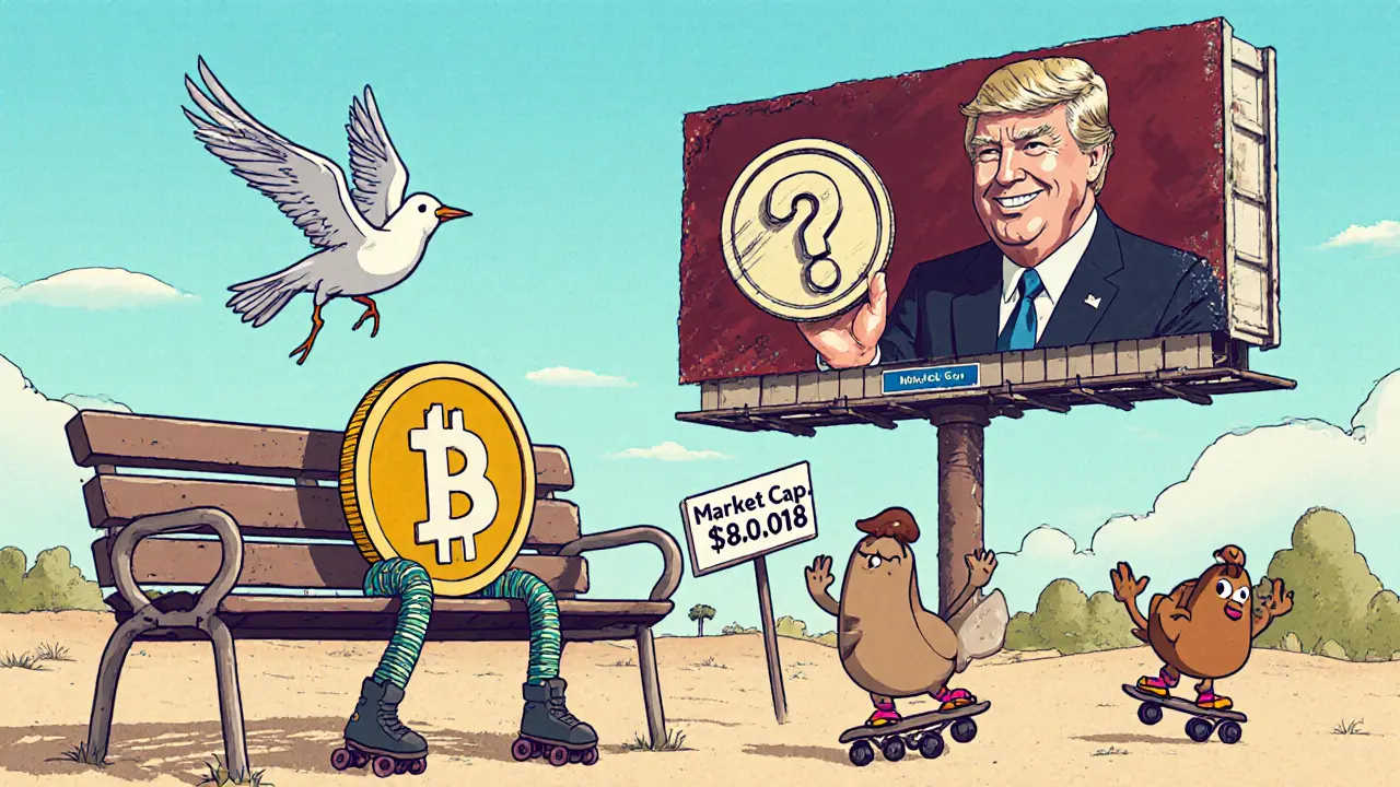 A lonely TAP token sits on a bench as other meme coins leave, with a faded political billboard in the background.