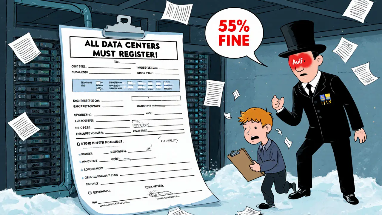 A nervous miner fills out a giant government form while his ASIC rigs twitch nervously.