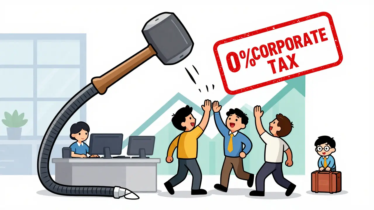 A startup team celebrates with a &#039;0% Corporate Tax&#039; stamp, while a tiny IRS agent flees.