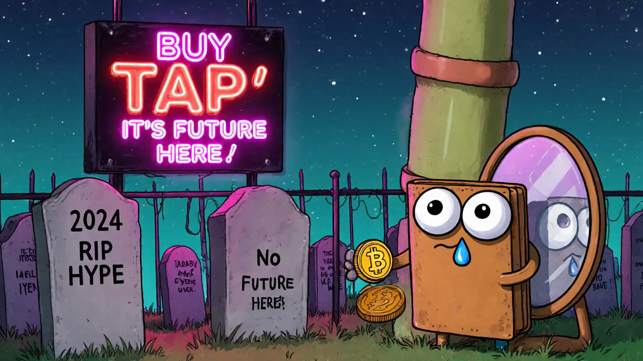 A tiny wallet stares into a mirror showing a crypto graveyard, with a flickering &#039;Buy TAP&#039; sign above.