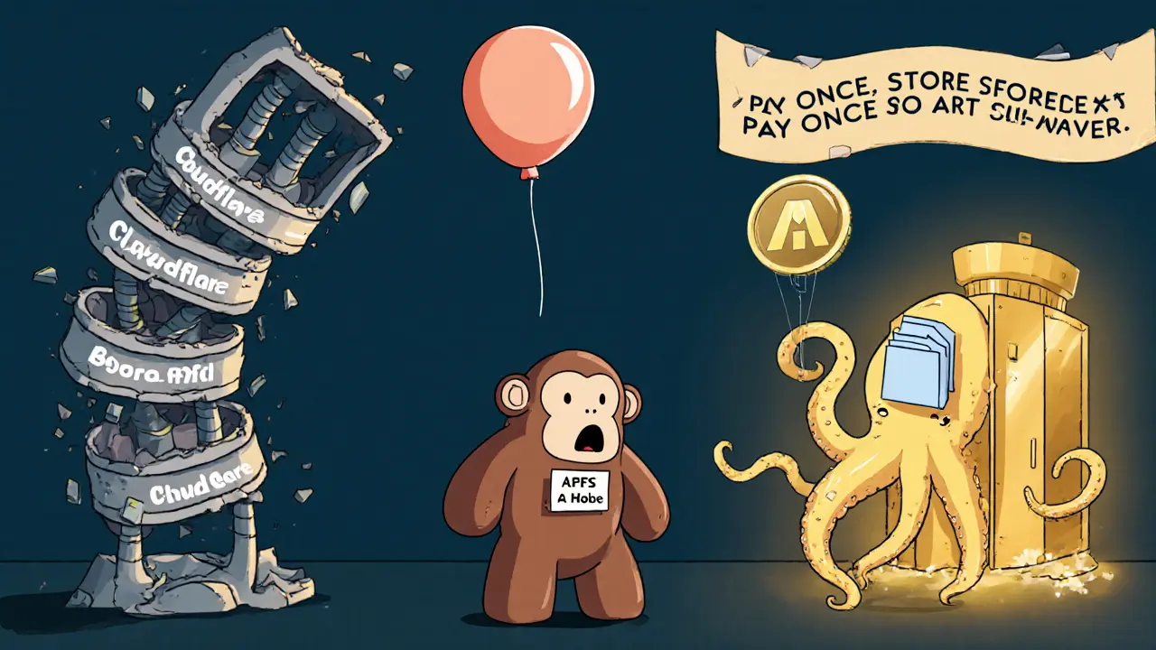 A wobbly server crumbling as an NFT&#039;s image floats away, while IPFS and Arweave storage stand strong.