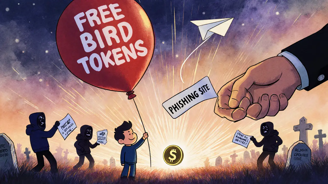 An investor&#039;s balloon of free tokens popping as a phishing hand reaches out, while a real BIRDS token flies away safely.