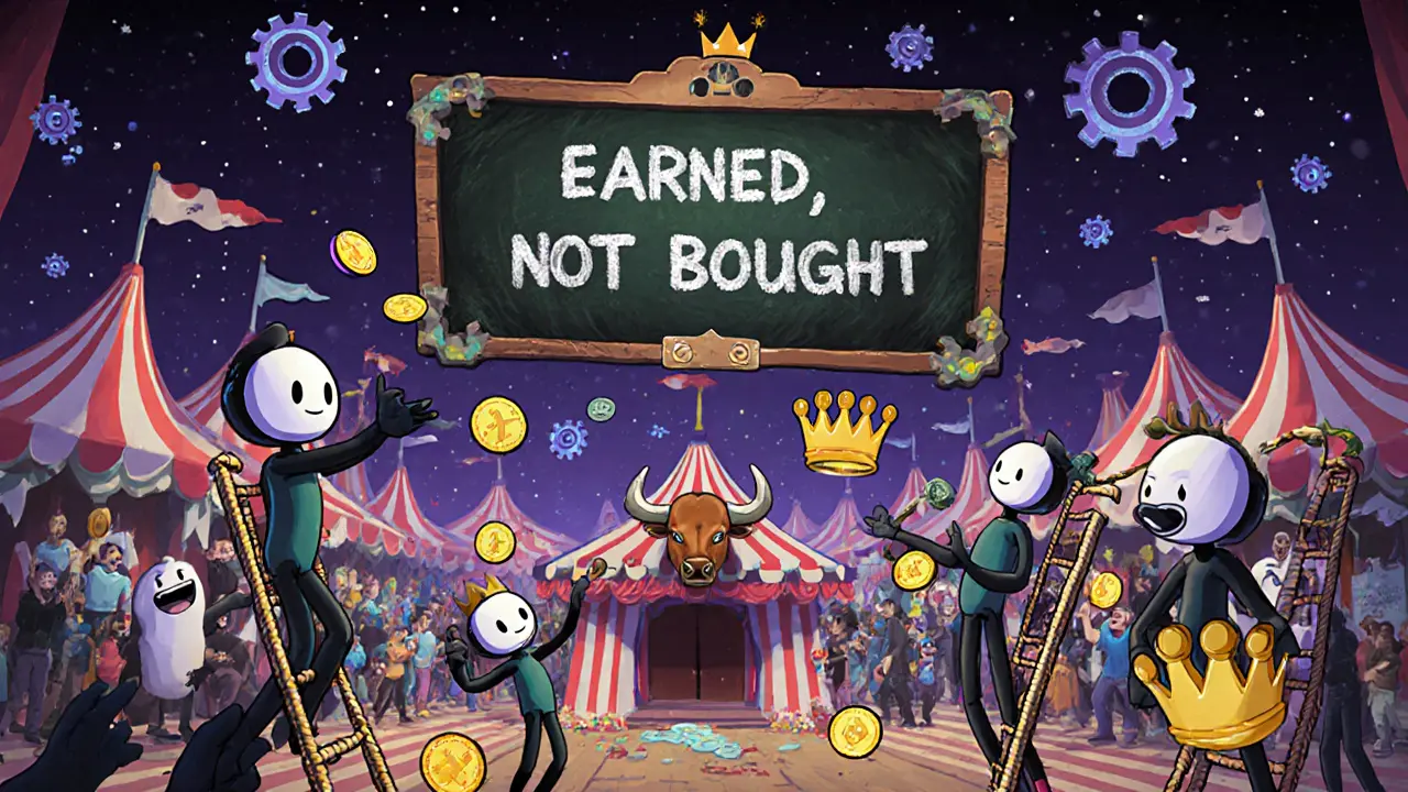 Cartoon avatars in a Discord carnival juggling tokens and climbing code ladders to win Bull NFT crowns.
