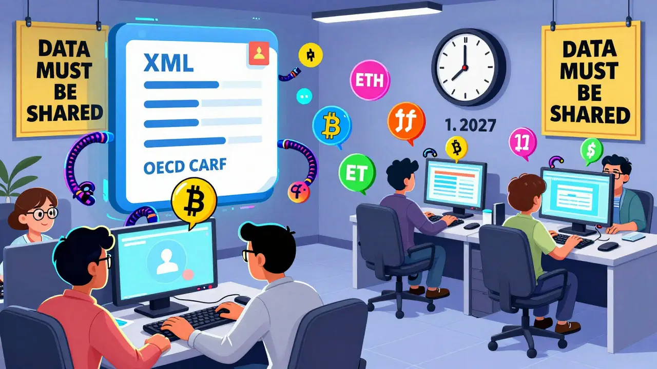 Crypto exchange workers in 2026 sending transaction data to a giant OECD CARF XML file.