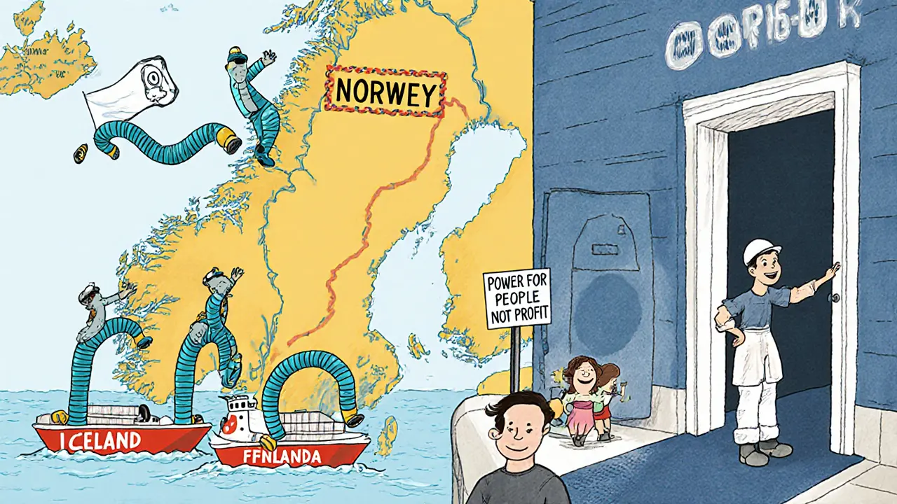 Crypto miners flee Norway for Iceland, Finland, and Canada in a whimsical cartoon map.