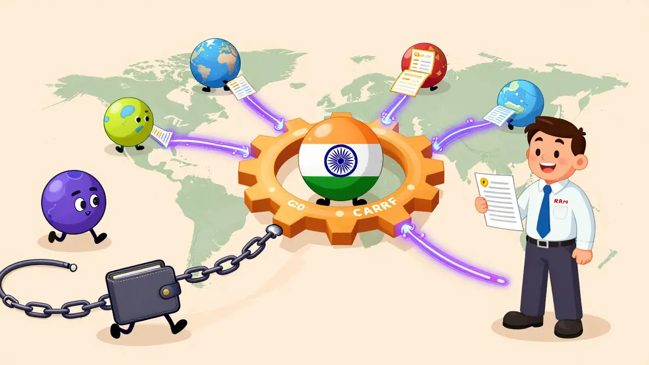 Global countries passing crypto data through gears, with India at the center and a sneaky wallet being caught.