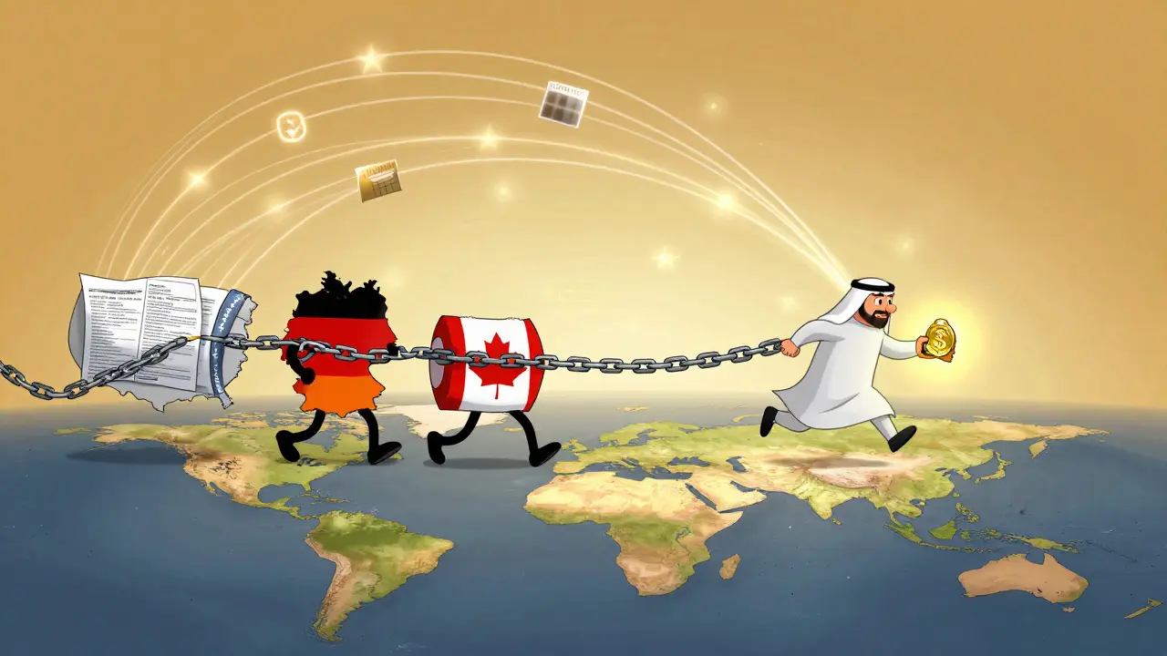 Global figures drag tax chains, while a UAE resident skips freely with a crypto wallet.