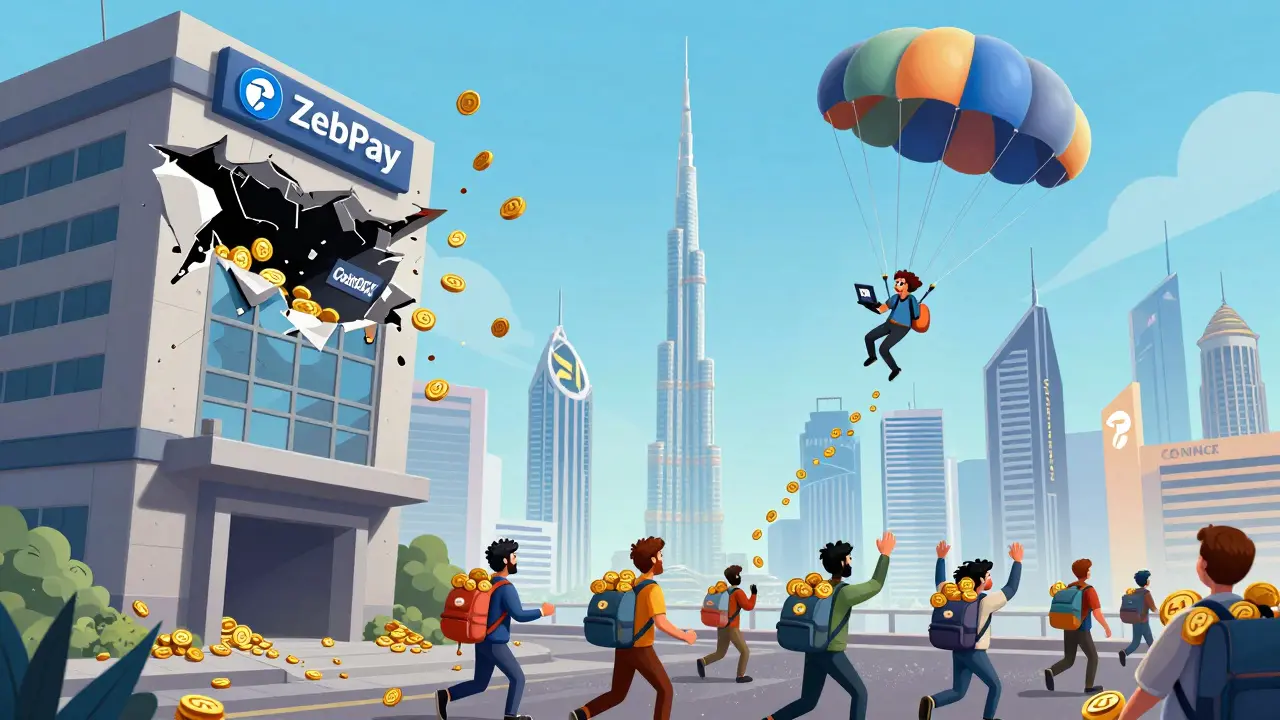 Indian crypto workers fleeing a collapsing exchange toward offshore platforms in Dubai.