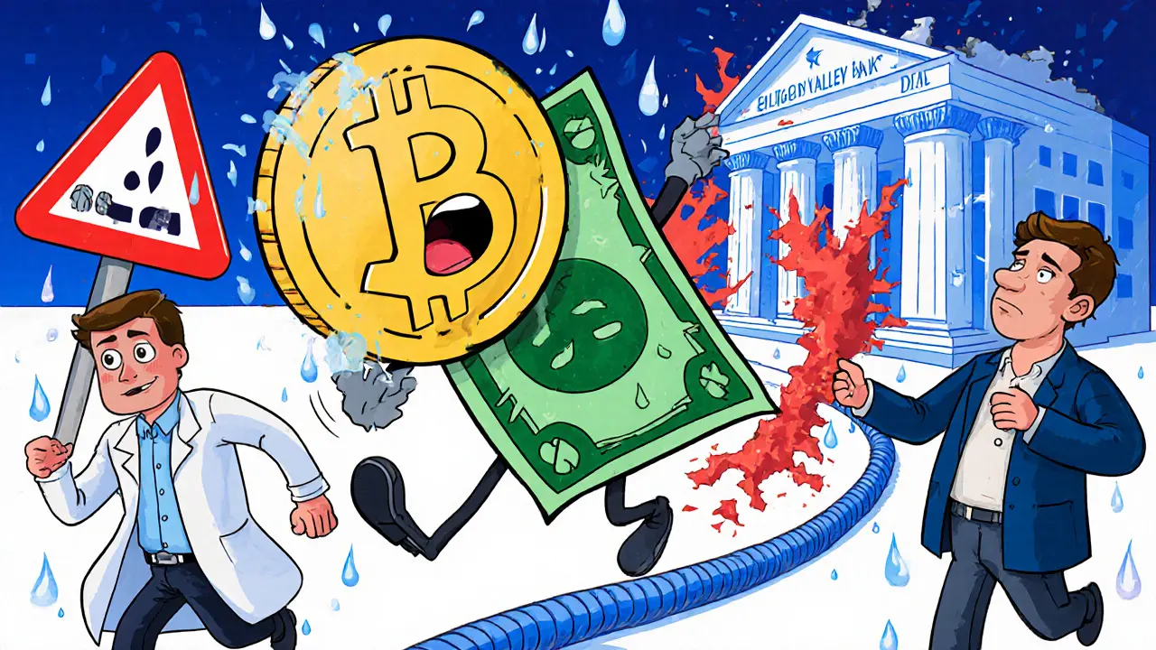 USDC dollar bill deflating to <h2>What the Experts Say</h2>.85 as traders panic near a collapsing bank building.