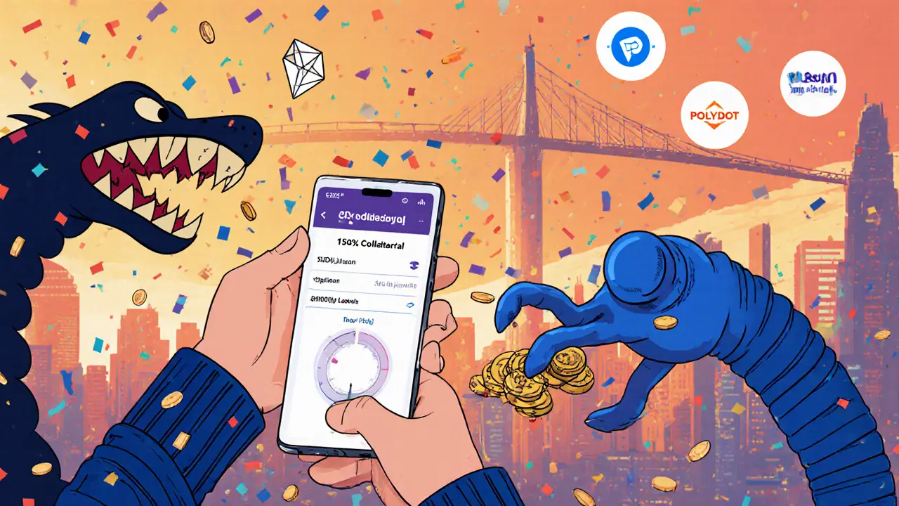 User in Asia receiving USDJ coins as a liquidation monster approaches a shrinking TRX pile, with cross-chain bridges in the sky.