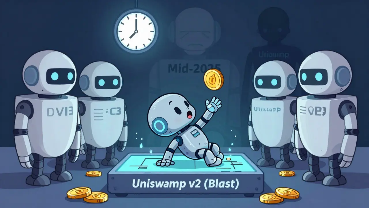 A baby robot labeled 'Uniswap v2 (Blast)' crawls on a contract cradle, watched by older DEX robots as a clock ticks to 2025.