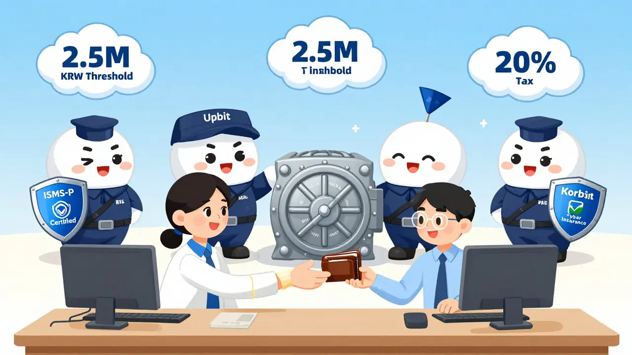 A bank teller connects a wallet to a vault labeled '70% Cold Storage' with four licensed exchanges as guards.