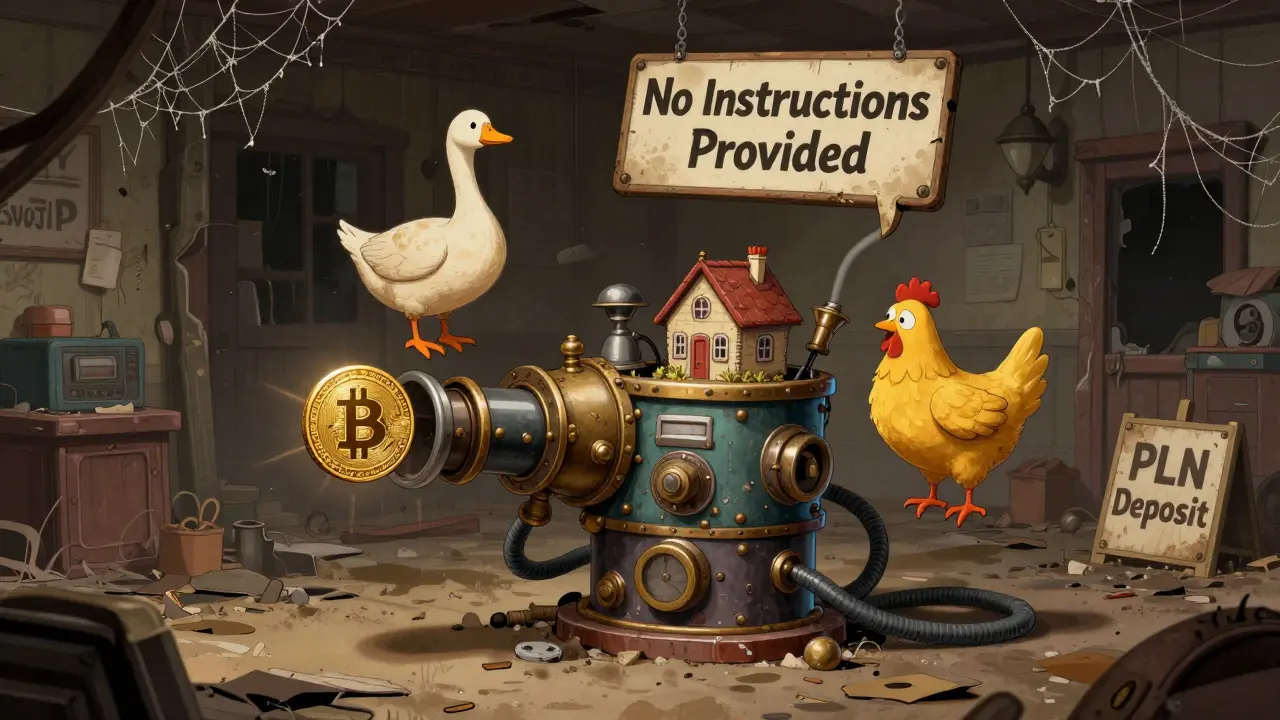 A bizarre machine turning Bitcoin into a golden goose, house, and chicken with no instructions.