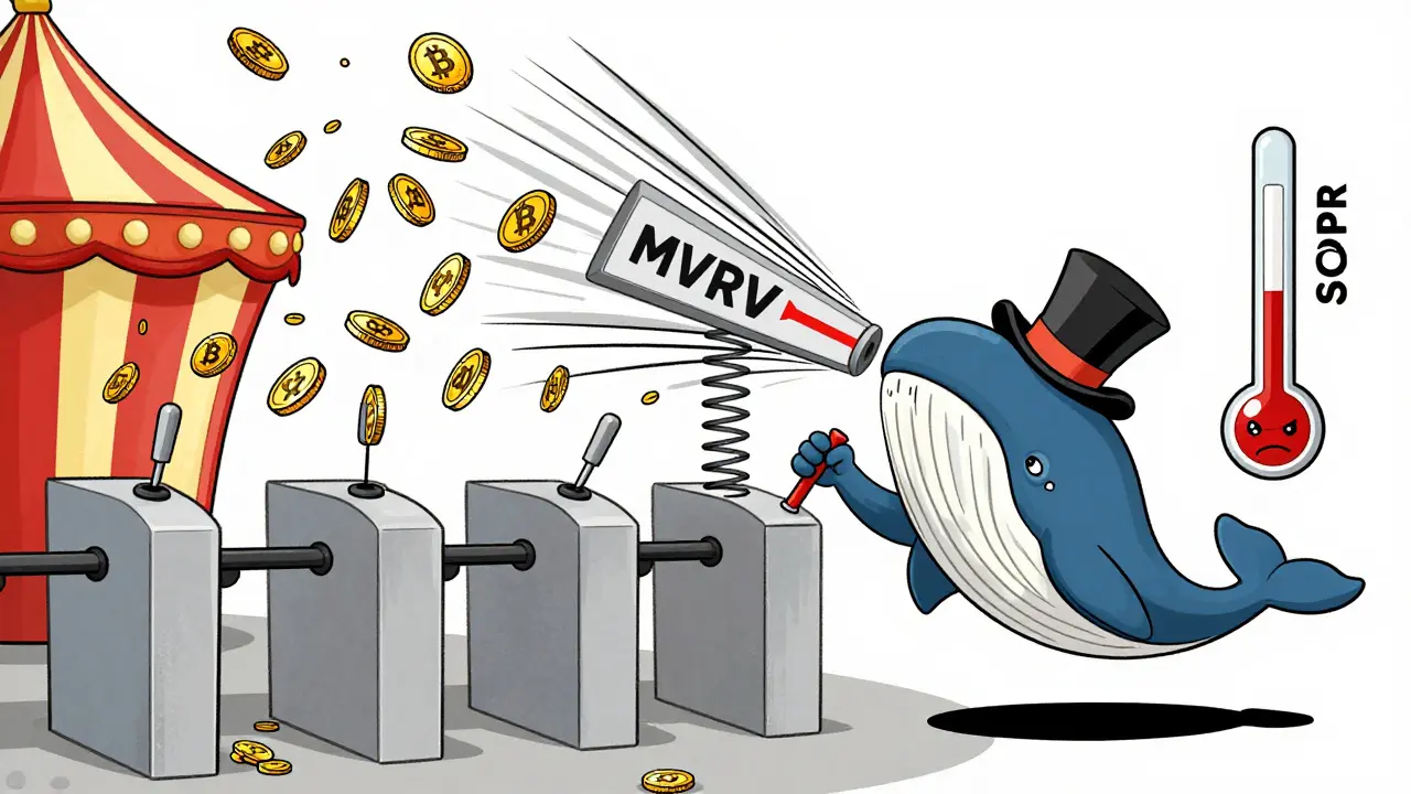 A carnival exchange ride with coins squirting in and out, a whale pulling a lever, and a price meter bouncing wildly in cartoon style.