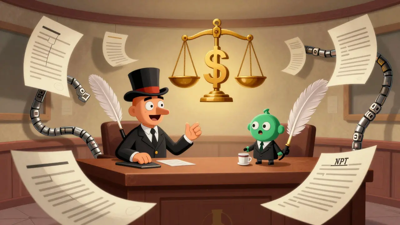 A cartoon courtroom with a talking NFT and a giant $IP token as the scales of justice.
