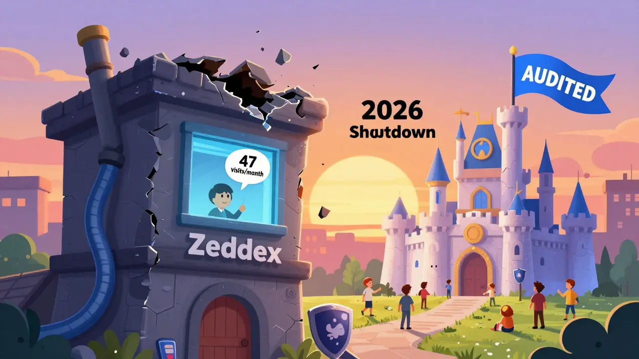 A crumbling Zeddex building next to a thriving PancakeSwap castle, under a sunset labeled '2026 Shutdown'.