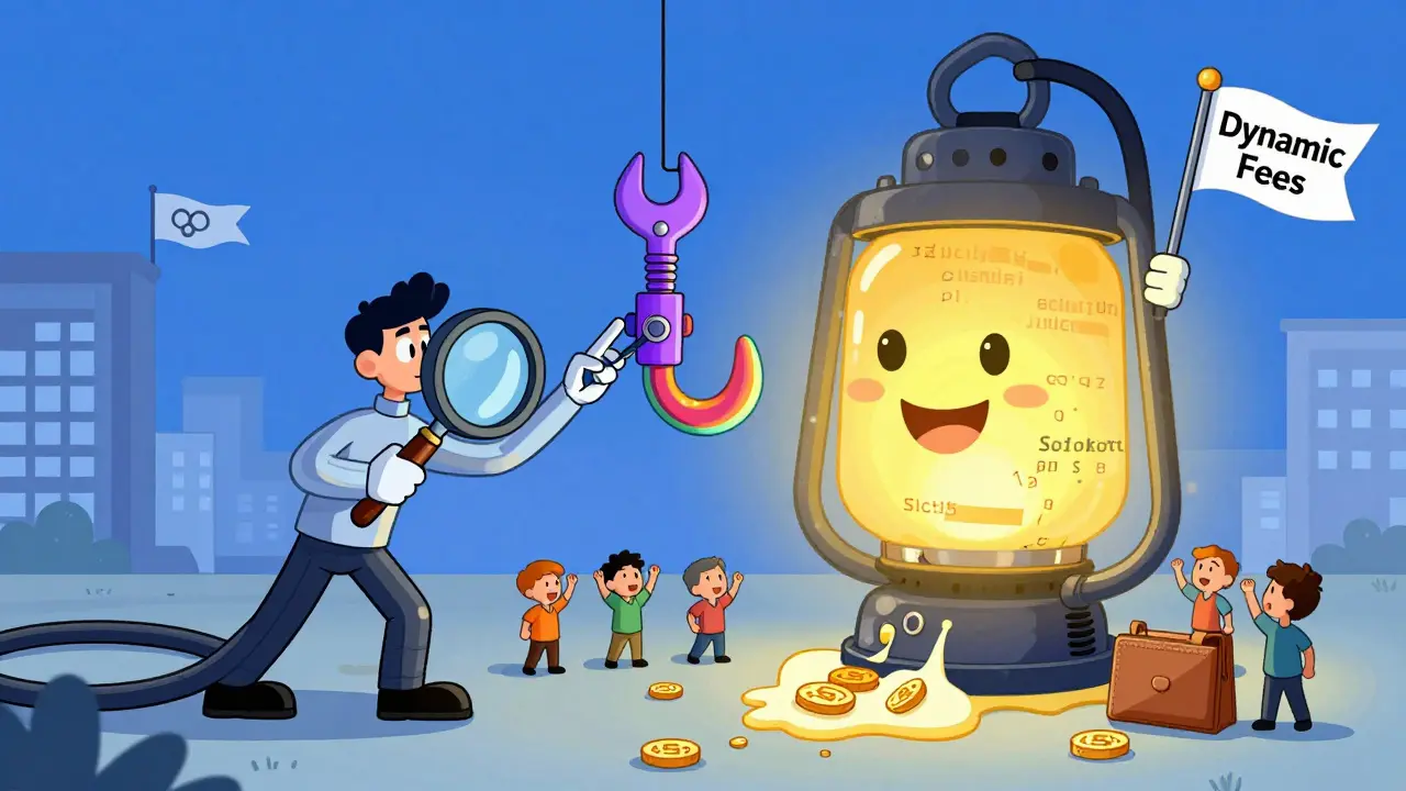 A developer adds a hook module to a glowing singleton contract as users cheer and gas fees turn to pennies.