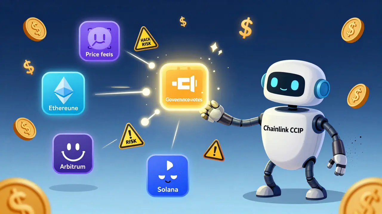 A friendly elastic robot named Chainlink CCIP delivering secure data packets between smiling smart contracts on multiple blockchains.