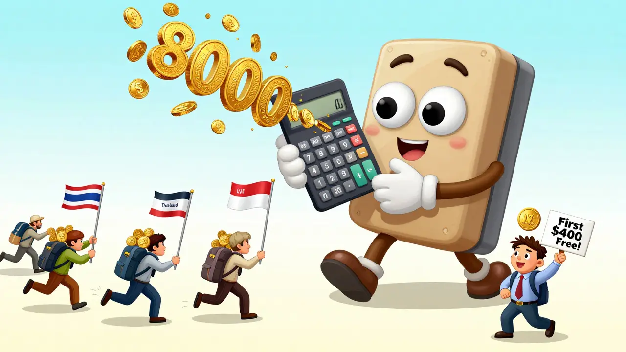 A giant smiling tax office collecting 0M in coins while traders flee to other countries, one holding a 'First 0 Free' sign.