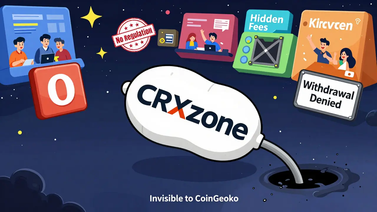 A lonely CRXzone logo floating in space surrounded by red flags, while other exchanges thrive nearby.