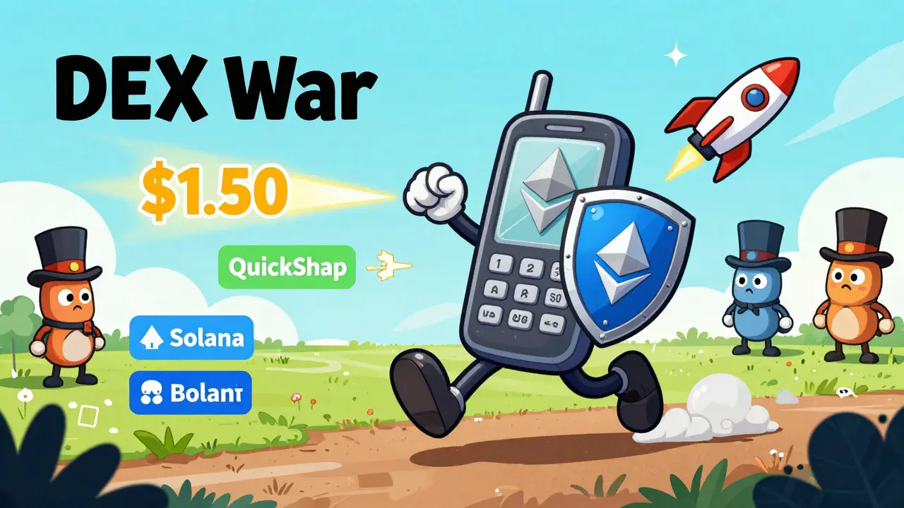 A mobile phone running from high gas fees while launching cross-chain swaps in a cartoon DEX battle.