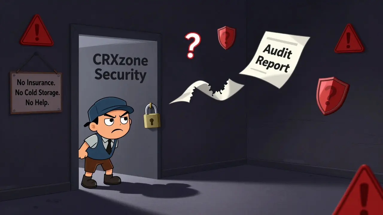 A nervous trader peering into a dark room labeled 'CRXzone Security' with broken shields and floating warning signs.