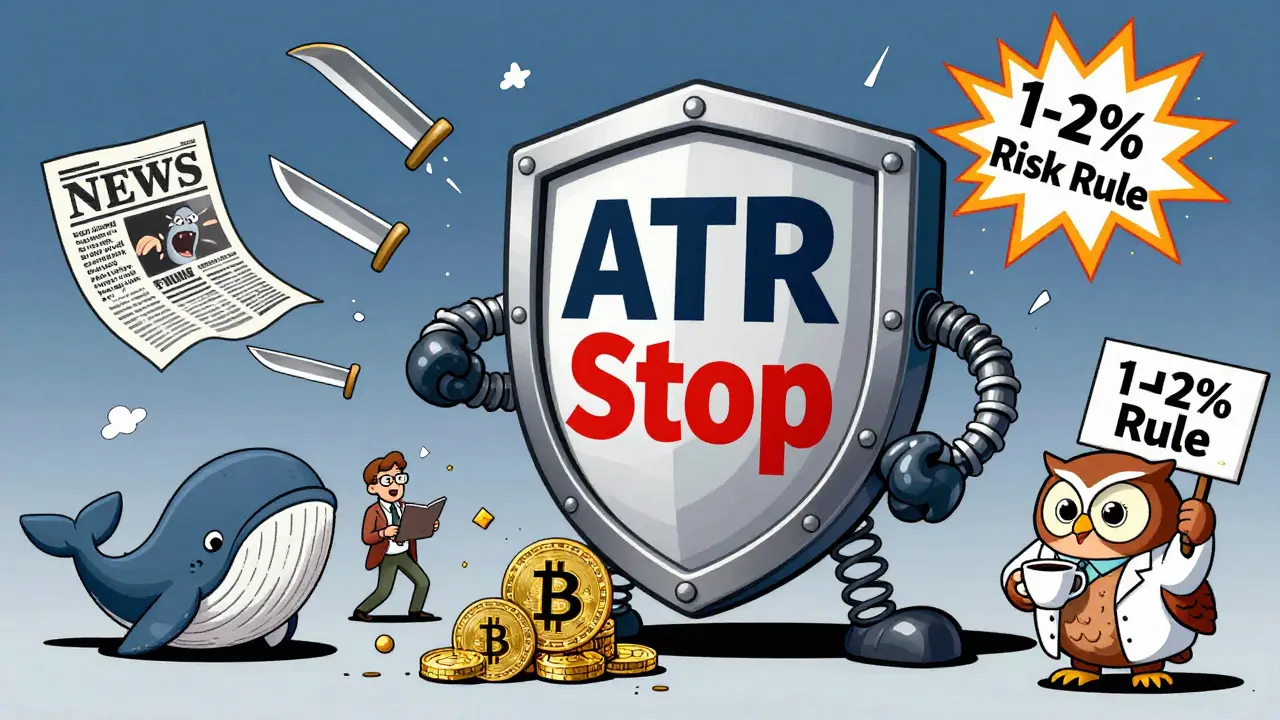 A springy ATR shield protects crypto assets from market chaos while a wise owl watches.