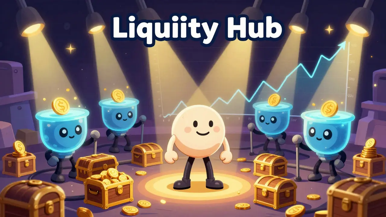A stretchy liquidity provider surrounded by auto-compounding treasure chests in a digital hub.