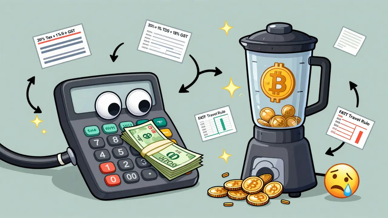A tax calculator eating money as Bitcoin enters a blender labeled with Indian crypto taxes.