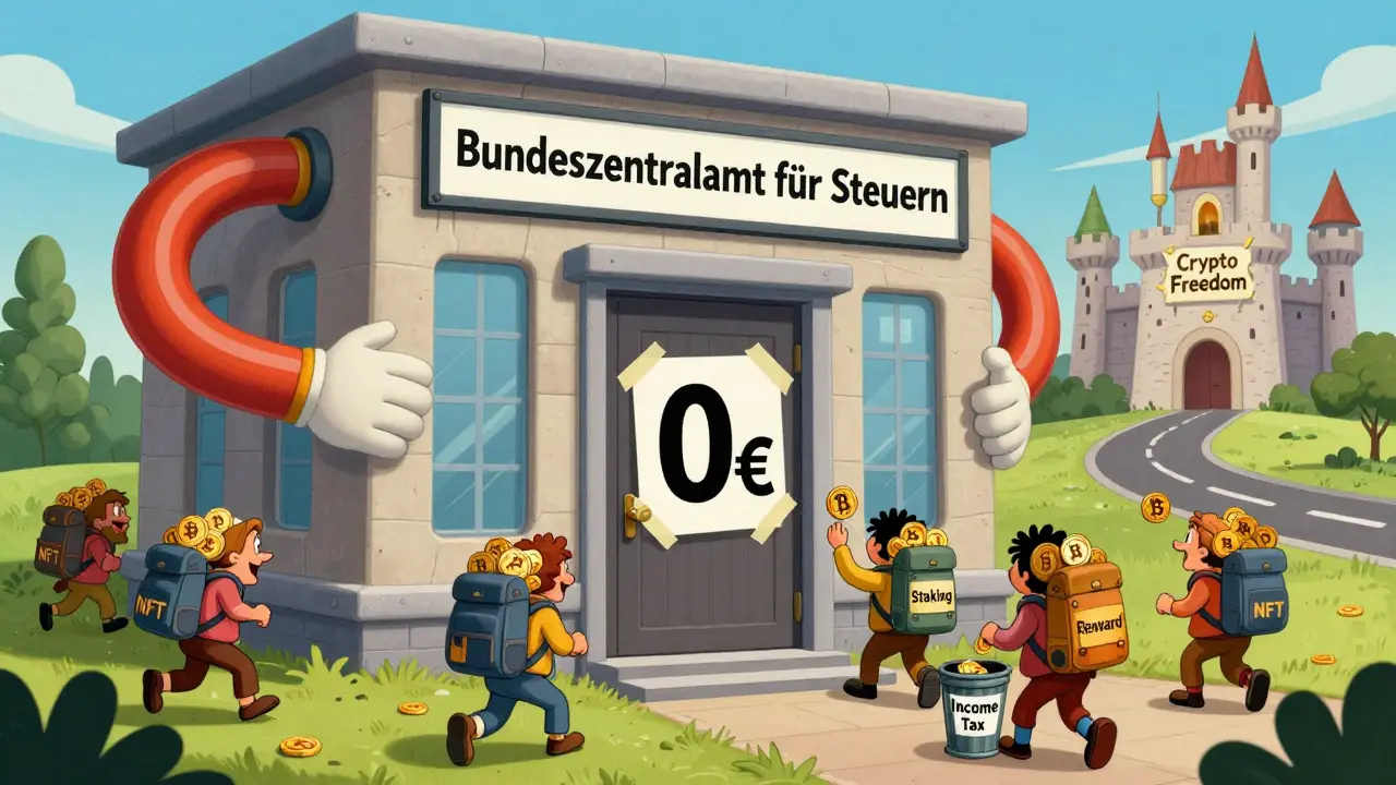 A tax office with a '0€' sign, people happily bringing crypto inside while staking rewards get tossed away.