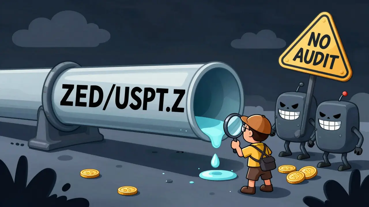 A tiny trader inspecting a hollow trading pair with only one drop of liquidity, while cartoon bots lurk to steal coins.