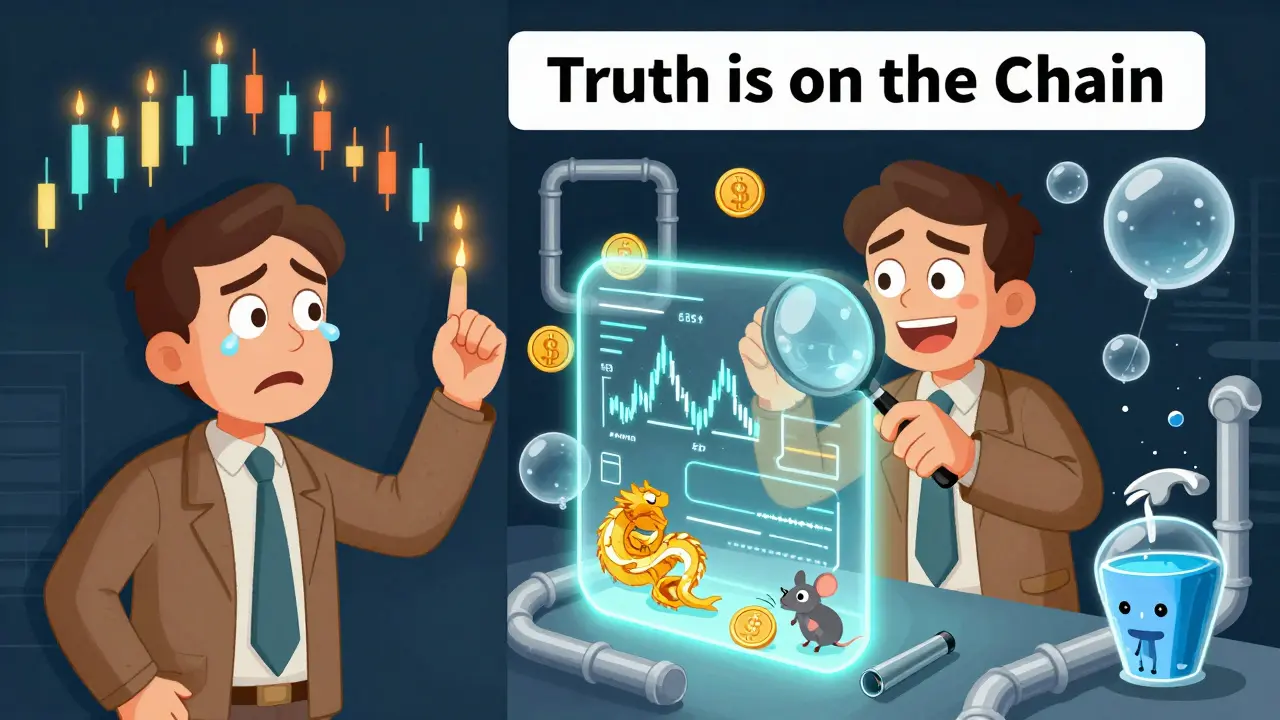 A trader comparing candlesticks to on-chain data, with hidden dragons, mice, and water balloons revealing blockchain truths.