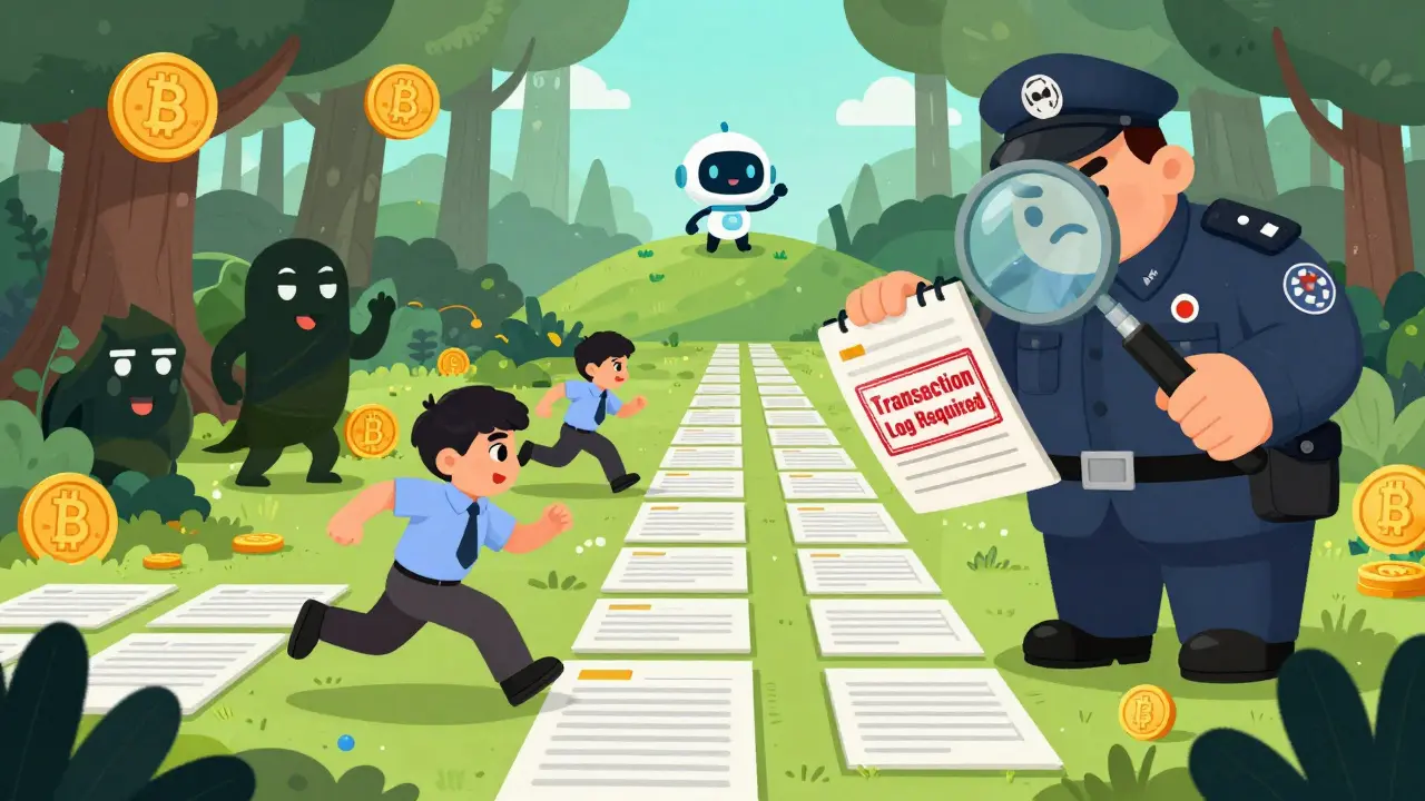 A trader flees a chaotic crypto jungle as a tax inspector stamps their transactions into orderly bank lines.